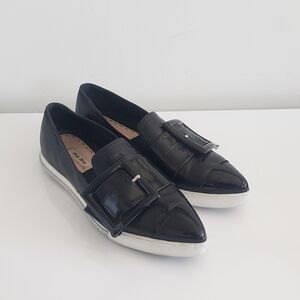 Miu Miu Black Leather Loafer Slip-On Sneaker Buckle & Metal Toe Logo Embossed